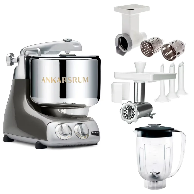 Ankarsrum Assistent Original AKM 6230 køkkenassistent med kødkværn, rive/skæretilbehør og blenderkande, black chrome