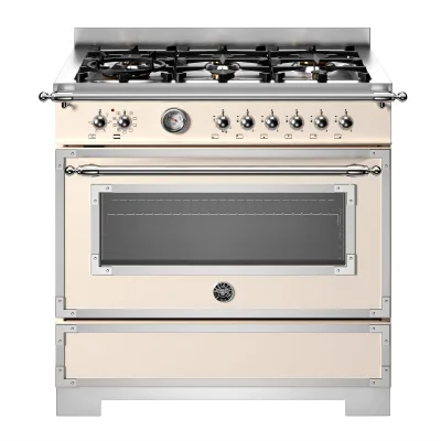 Bertazzoni HER96L1EAVT2 Heritage gaskomfur 90 cm med 6 brændere og 1 ovn, elfenbenshvid