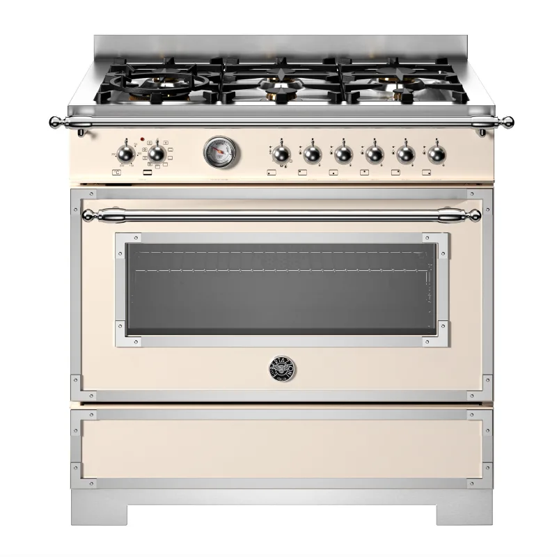 Bertazzoni HER96L1EAVT2 Heritage gaskomfur 90 cm med 6 brændere og 1 ovn, elfenbenshvid