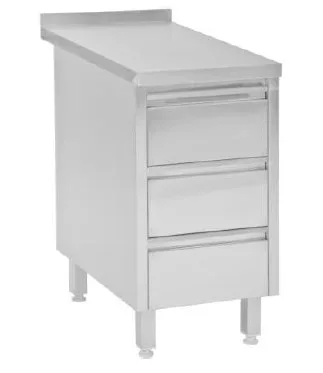 Tysk produceret arbejdsbord i fuldsvejset rustfri stål med/uden bagkant samt 2 skuffer. 600-700mm - B 400 x T 600 x H 850 mm