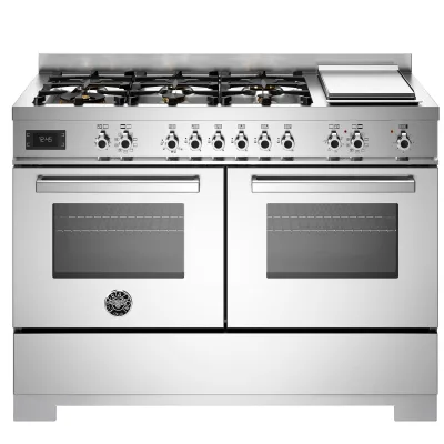 Bertazzoni PRO126G2EXT2 Professional gaskomfur 120 cm med 6 brændere, elektrisk stegebord og 2 ovne, rustfrit stål