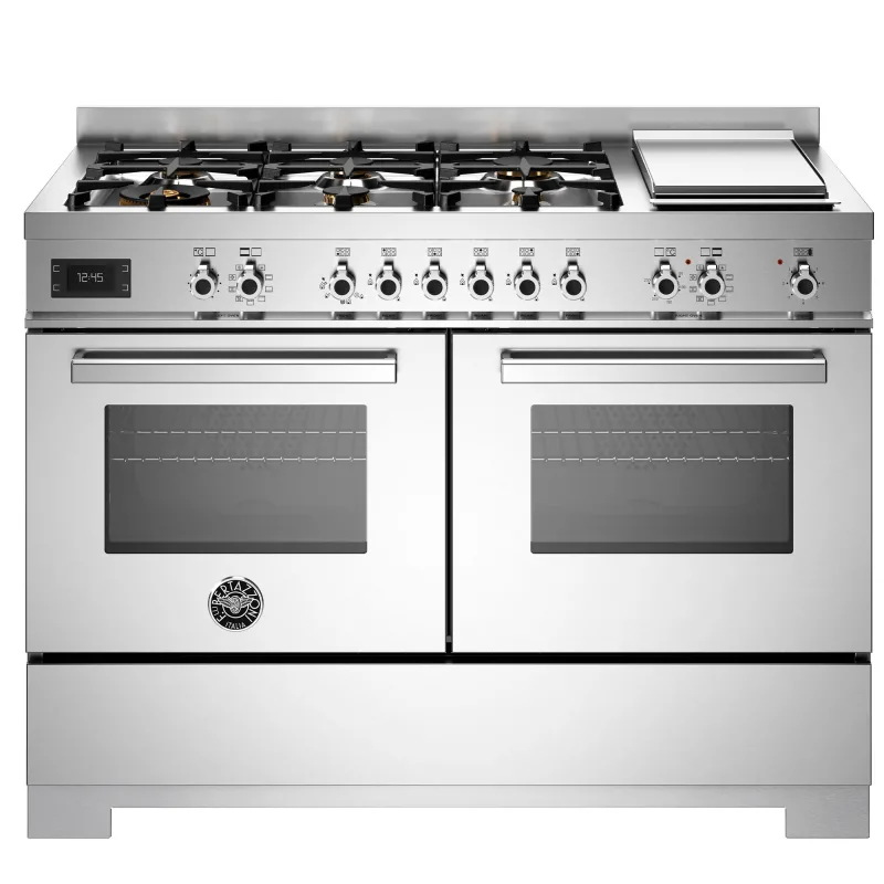Bertazzoni PRO126G2EXT2 Professional gaskomfur 120 cm med 6 brændere, elektrisk stegebord og 2 ovne, rustfrit stål