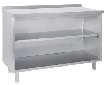 Tysk produceret arbejdsbord i fuldsvejset rustfri stål uden bagkant samt 2 lukkede hylder. 600-700mm - B 1300 x T 600 x H 850 mm