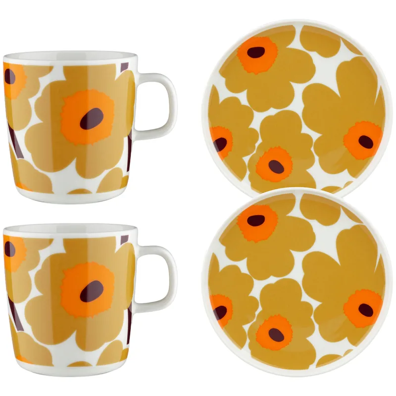 Marimekko Unikko morgenmadssæt 4 dele, hvid/karamel/orange