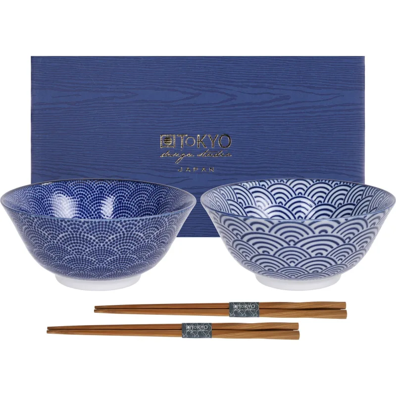 Tokyo design studio Nippon Blue skålesæt + spisepinde, prikker/bølger
