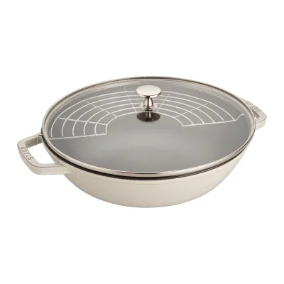 Staub Wok i støbejern med glaslåg 30 cm, white truffle