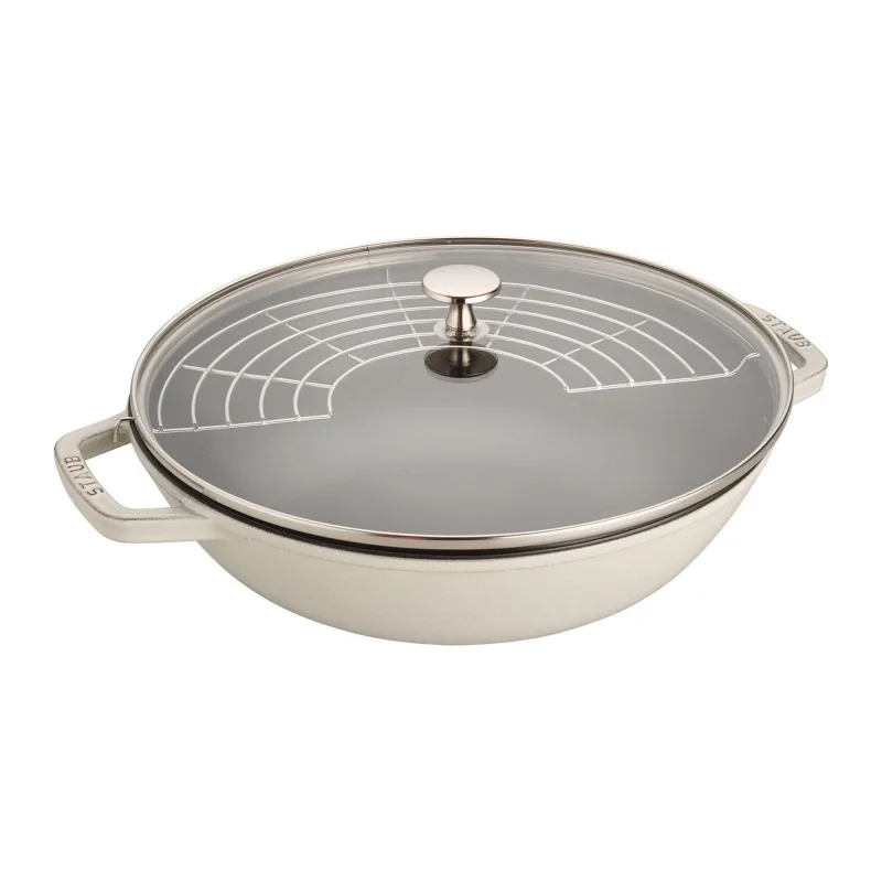 Staub Wok i støbejern med glaslåg 30 cm, white truffle