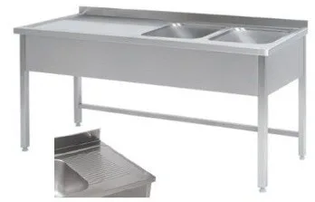 Bord i rustfri stål, med 2 vaske samt fri bordplads til venstre for vaskene - dybde 700mm - B 1600 x T 700 x H 850 mm