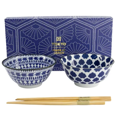 Tokyo design studio Tayo skålsæt 500 ml med spisepinde, blå/hvid (33753)