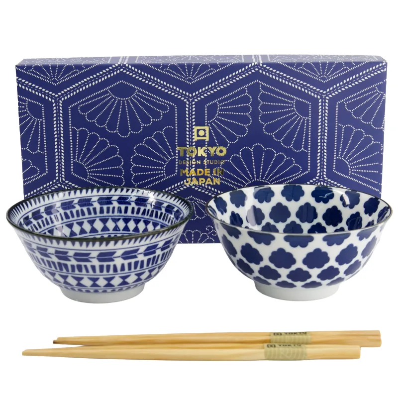 Tokyo design studio Tayo skålsæt 500 ml med spisepinde, blå/hvid (33753)