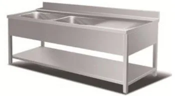 Bord i rustfri stål, med 2 vaske, hylde samt fri bordplads til højre for vaskene - dybde 600mm - B 1500 x T 600 x H 850 mm