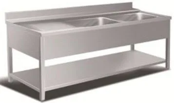 Bord i rustfri stål, med 2 vaske, hylde samt fri bordplads til venstre for vaskene - dybde 600mm - B 1600 x T 600 x H 850 mm