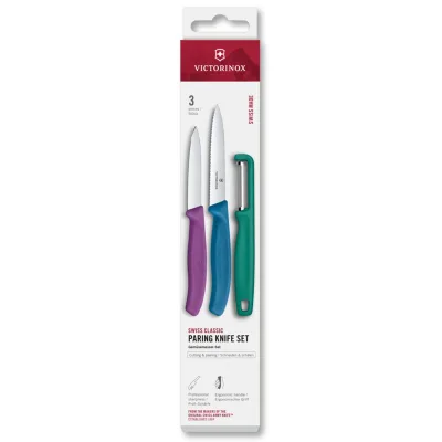 Victorinox Swiss Classic urtekniv, tomatkniv og kartoffelskræller, grøn/blå/lilla