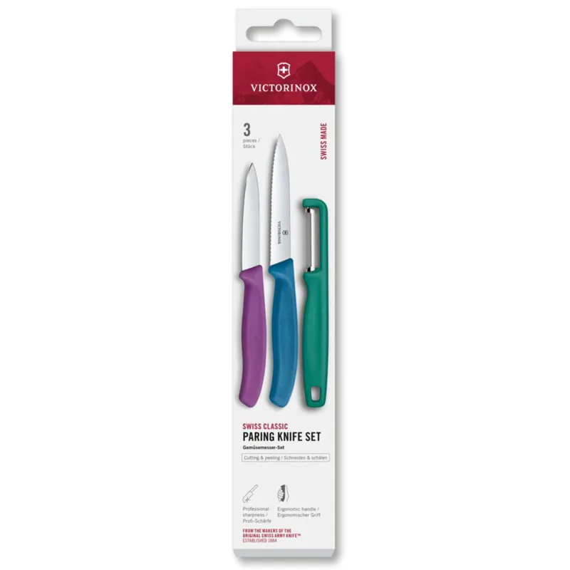 Victorinox Swiss Classic urtekniv, tomatkniv og kartoffelskræller, grøn/blå/lilla