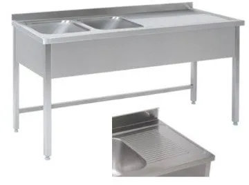 Bord i rustfri stål, med 2 vaske samt fri bordplads til højre for vaskene - dybde 700mm - B 1500 x T 700 x H 850 mm