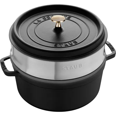 Staub La Cocotte støbejernsgryde 26 cm med dampindsats, sort