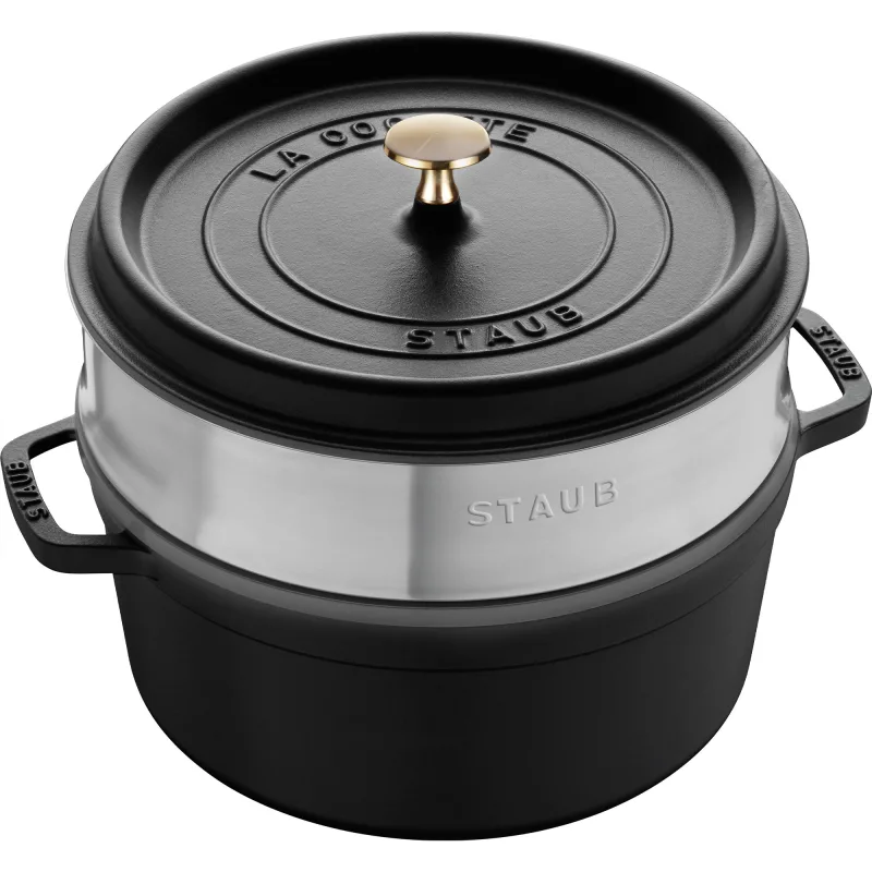 Staub La Cocotte støbejernsgryde 26 cm med dampindsats, sort