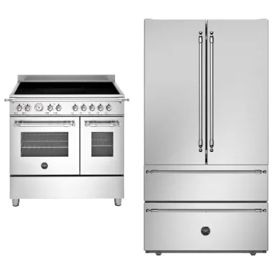 Bertazzoni REF904FFNXTC Heritage side-by-side køle-/fryseskab med ismaskine + HER95I2EXC2 Heritage rammeløst induktionskomfur 90 cm, 5 zoner, 2 ovne, rustfrit stål/mat sort