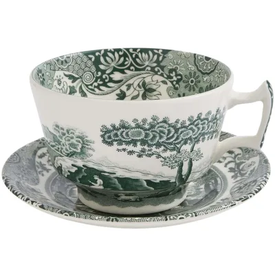 Spode Heritage Green Italian morgenmadskop med underkop 28 cl, grøn/hvid