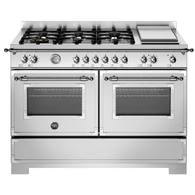 Bertazzoni HER126G2EXT2 Heritage gaskomfur 120 cm med 6 brændere, elektrisk stegebord og 2 ovne, rustfrit stål