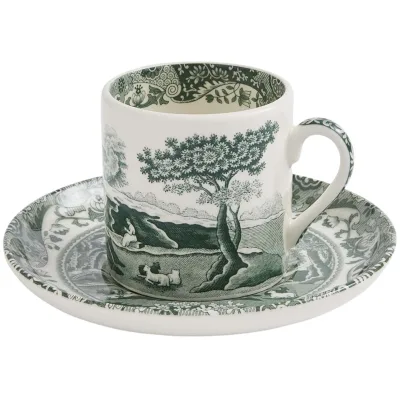 Spode Heritage Green Italian espressokop med underkop 9 cl, grøn/hvid