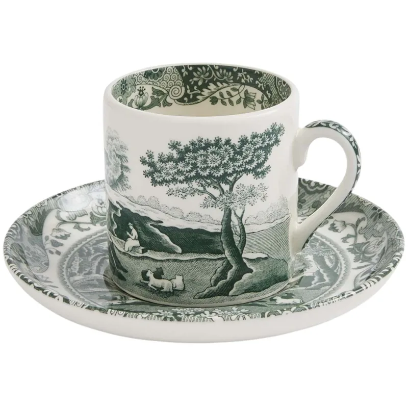Spode Heritage Green Italian espressokop med underkop 9 cl, grøn/hvid