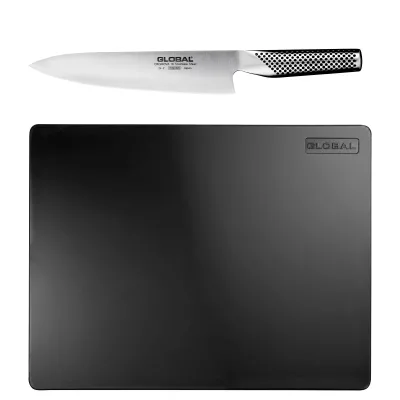 Global G-2 kokkekniv 20 cm + skærebræt i sukkerrør