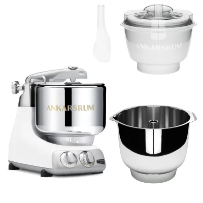 Ankarsrum Assistent Original AKM 6230 køkkenmaskine med istilbehør og ekstra piskeskål, glossy white