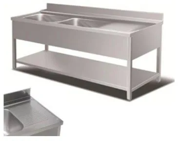 Bord i rustfri stål, med 2 vaske, hylde samt fri bordplads til højre for vaskene - dybde 700mm - B 1400 x T 700 x H 850 mm