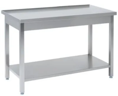 Tysk produceret arbejdsbord i fuldsvejset rustfri stål uden bagkant samt hylde. 600mm - B 2000 x T 600 x H 850 mm