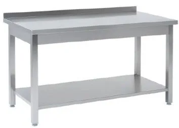 Tysk produceret arbejdsbord i fuldsvejset rustfri stål med bagkant samt hylde. 600mm - B 1000 x T 600 x H 850 mm