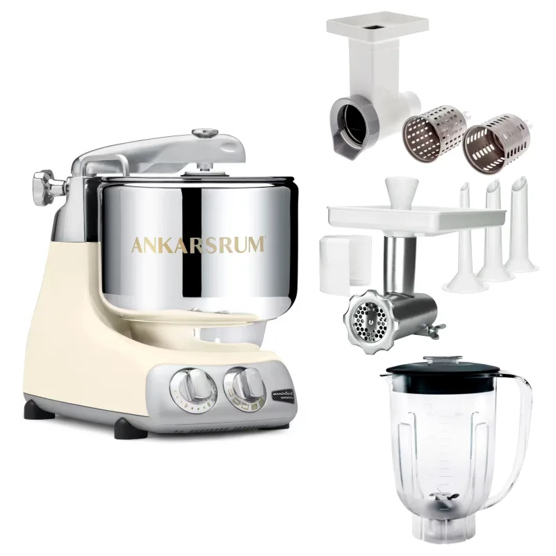Ankarsrum Assistent Original AKM 6230 køkkenassistent med kødkværn, rive/skæretilbehør og blenderkande, light creme