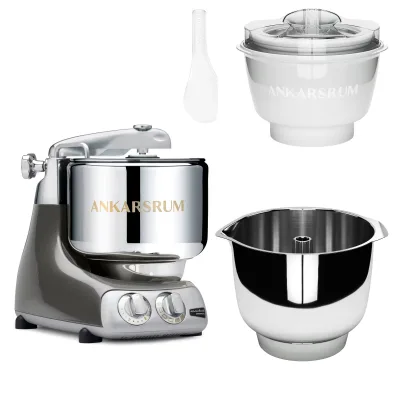 Ankarsrum Assistent Original AKM 6230 køkkenmaskine med istilbehør og ekstra piskeskål, black chrome