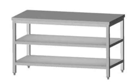Tysk produceret arbejdsbord i fuldsvejset rustfri stål uden bagkant samt 2 hylder. 600mm - B 400 x T 600 x H 850 mm