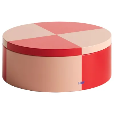 Hay Tin Container, round, red/soft pink