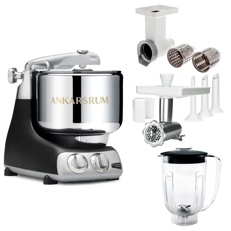 Ankarsrum Assistent Original AKM 6230 køkkenassistent med kødkværn, rive/skæretilbehør og blenderkande, sort