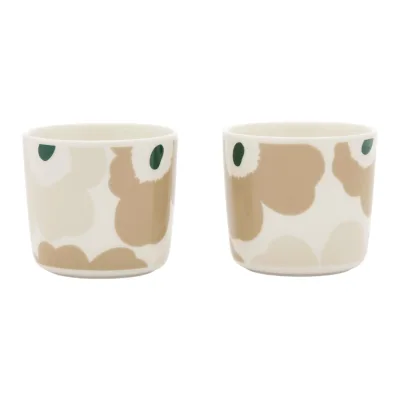 Marimekko Unikko kaffekop uden hank, 2 stk., 2 dl, hvid/beige/lys sand/mørkegrøn
