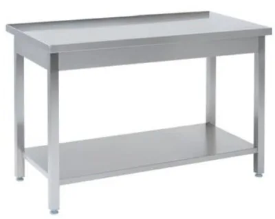 Tysk produceret arbejdsbord i fuldsvejset rustfri stål uden bagkant samt hylde. 700mm - B 1200 x T 700 x H 850 mm