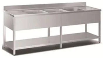 Bord i rustfri stål, med 3 vaske, hylde samt fri bordplads til begge sider af vaskene for vaskene 700mm - B 1700 x T 700 x H 850 mm