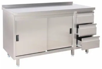 Tysk produceret arbejdsbord i fuldsvejset rustfri stål med bagkant samt 2 hylder m. skydelåger og skuffesektion til højre. 600-700mm - B 1700 x T 600 x H 850 mm