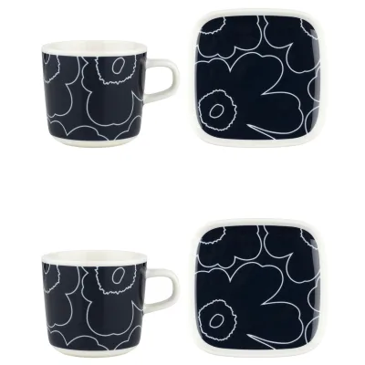 Marimekko Unikko kaffekop med underkop, blå/hvid, 4 stk.