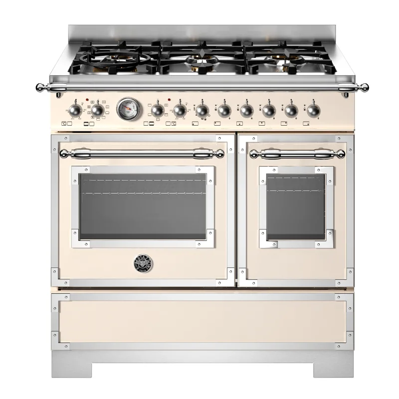 Bertazzoni HER96L2EAVT2 Heritage gaskomfur 90 cm med 6 brændere og 2 ovne, elfenbenshvid