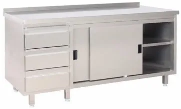 Tysk produceret arbejdsbord i fuldsvejset rustfri stål med bagkant samt 2 hylder m. skydelåger og skuffesektion til venstre 600-700mm - B 2000 x T 600 x H 850 mm