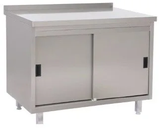 Tysk produceret arbejdsbord i fuldsvejset rustfri stål med bagkant samt 2 hylder m. skydelåger. 700mm - B 1700 x T 700 x H 850 mm