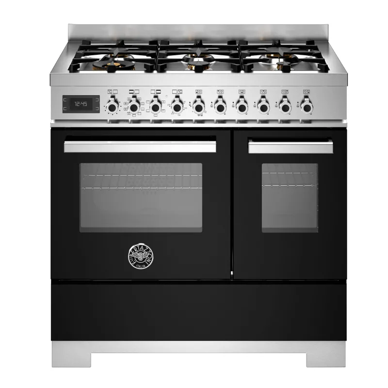 Bertazzoni PRO96L2ENET2 professional gaskomfur 90 cm med 6 brændere og 2 ovne, sort