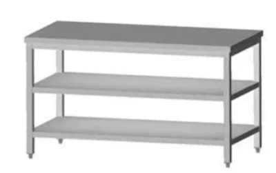 Tysk produceret arbejdsbord i fuldsvejset rustfri stål uden bagkant samt 2 hylder. 600mm - B 1300 x T 600 x H 850 mm