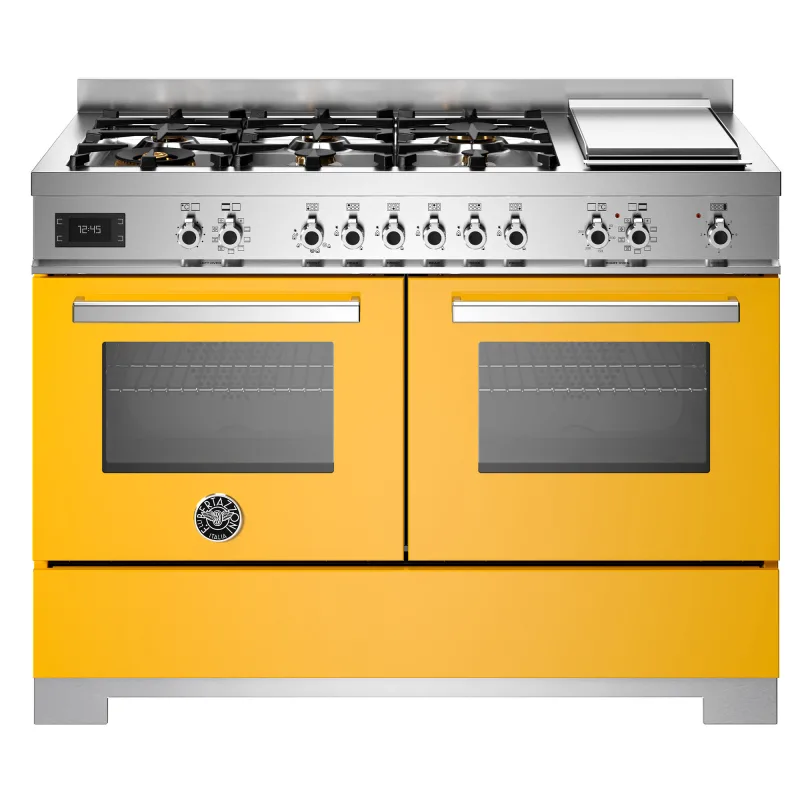 Bertazzoni PRO126G2EGIT2 Professional gaskomfur 120 cm med 6 brændere, elektrisk stegebord og 2 ovne, gul