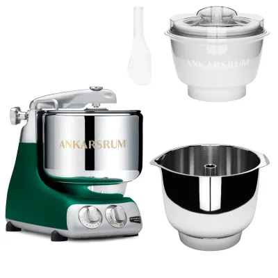 Ankarsrum Assistent Original AKM 6230 køkkenmaskine med istilbehør og ekstra piskeskål, forest green