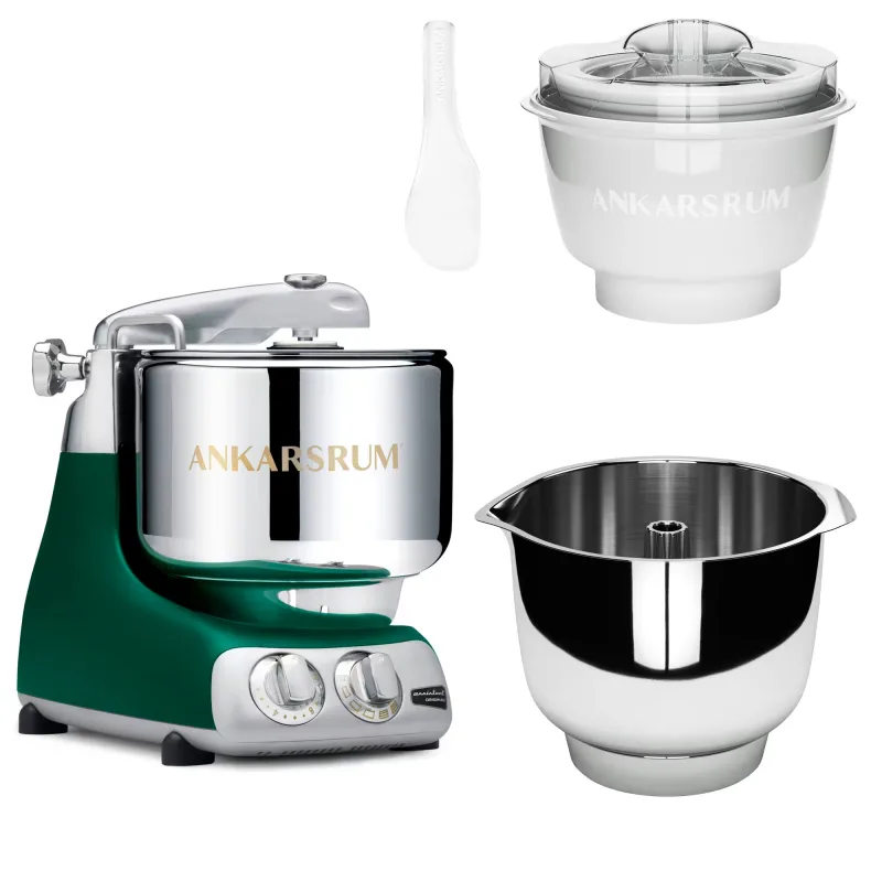 Ankarsrum Assistent Original AKM 6230 køkkenmaskine med istilbehør og ekstra piskeskål, forest green