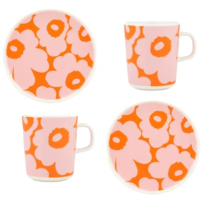 Marimekko Unikko morgenmadssæt 4 dele, hvid/lyserød/orange